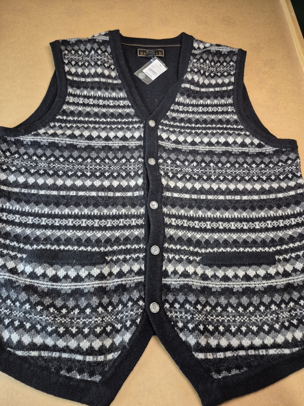 JoS A Bank Fair Isle Knit Button-Up Vest - Black/Gray 3376/379